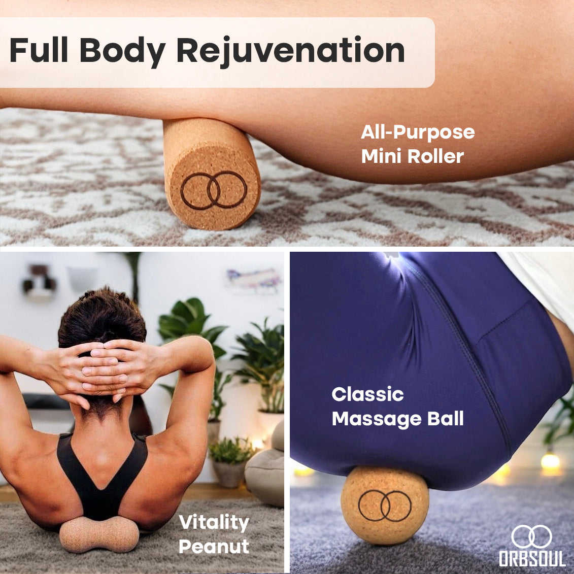 serenity cork massage roller 3 piece set. Full body rejuvenation. Includes All-purpose mini roller, vitality peanut massager, and classic massage ball 