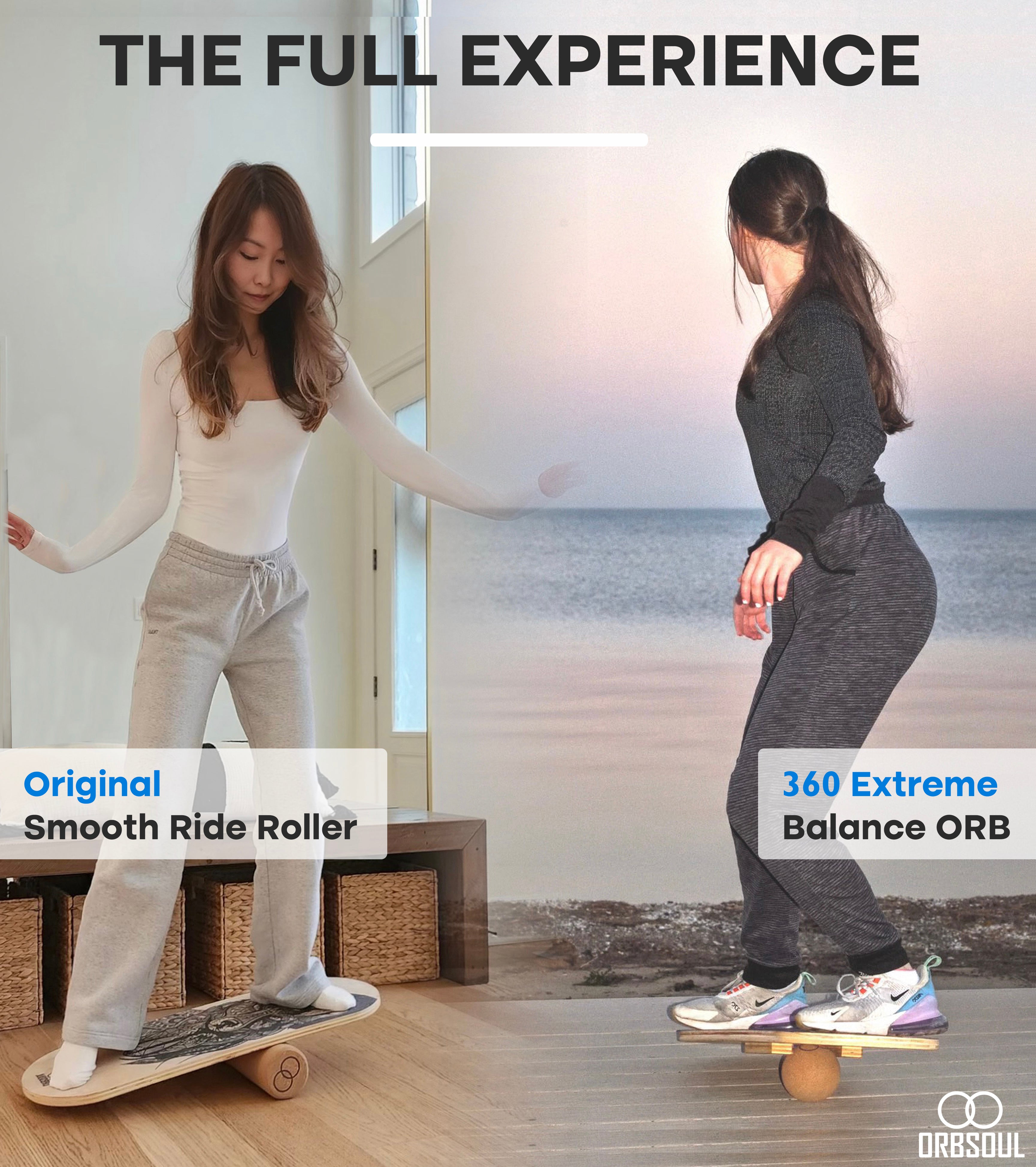 orbsoul core pro balance board. Women on balance board using the 2 rollers included. The original smooth ride roller and extreme balance orb.