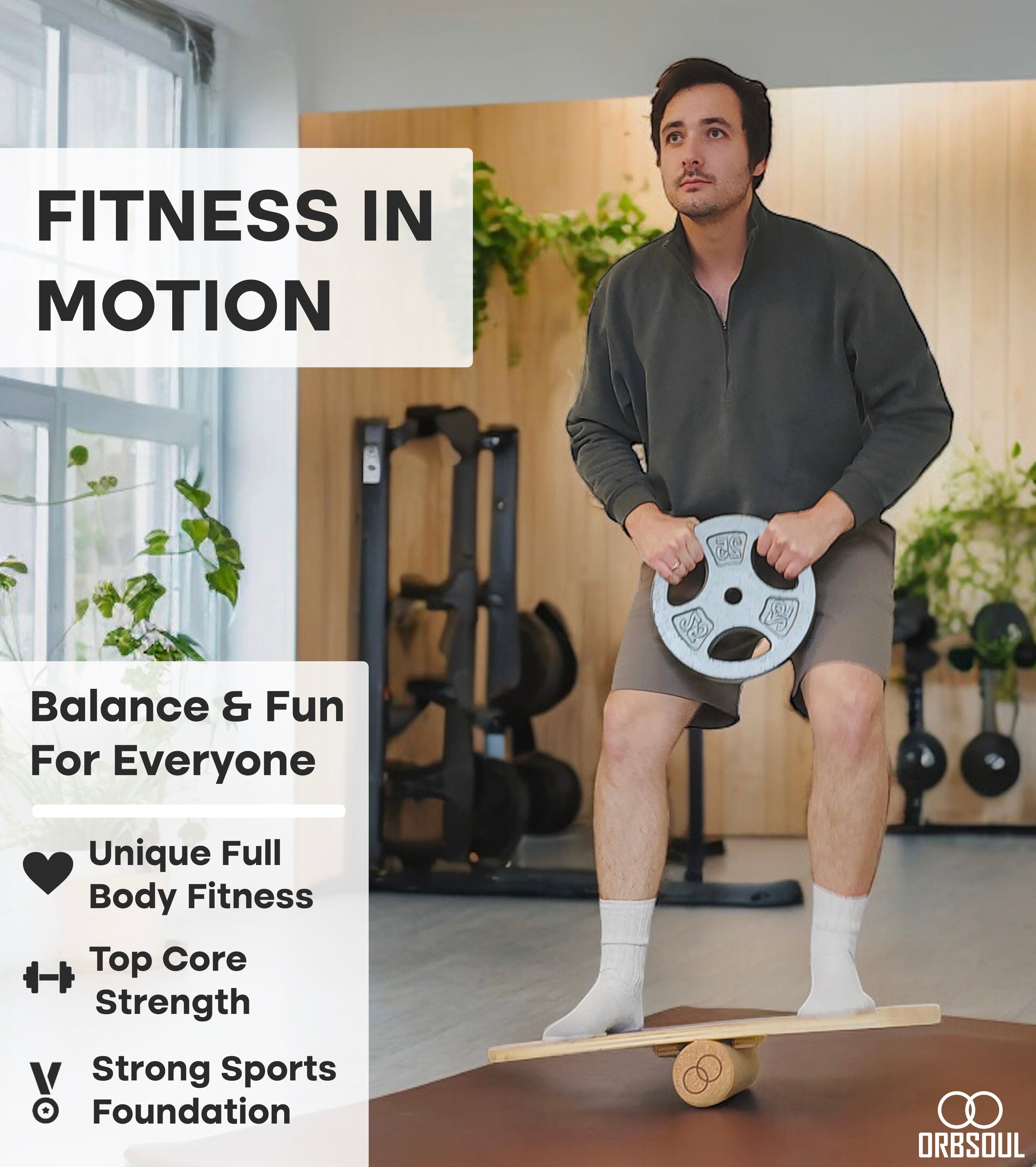 Your fitness in motion. Man balancing on Orbsoul Core Pro Balance Board. Balance and fun for everyone. Unique full body fitness.