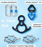Orbsoul Studio Pro aerial rigging set. In your set: 2 Ice-blue carabiners, Infinity swivel 2.0, 2 Harmony yoga straps and balance 8 descender