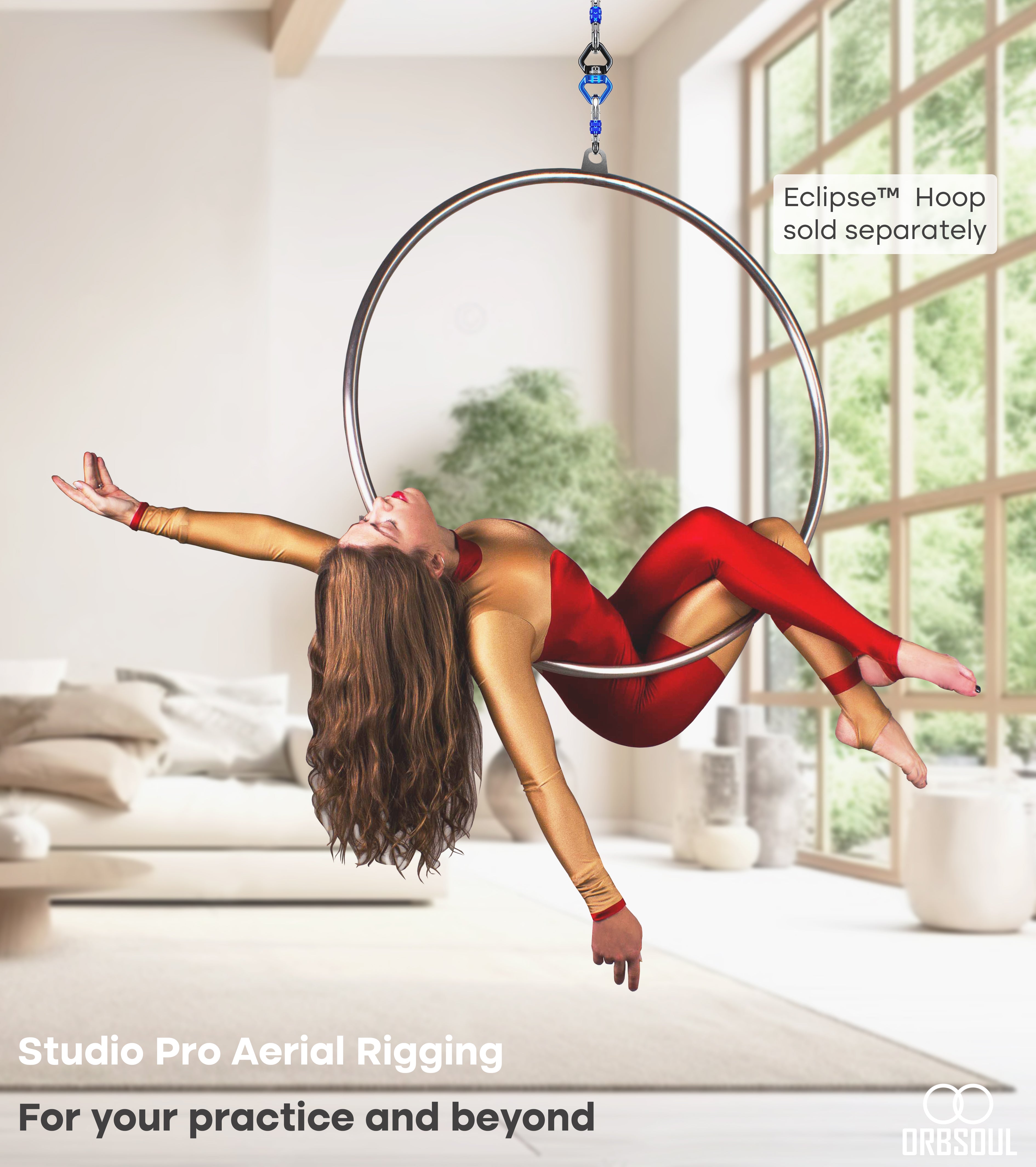 Orbsoul Studio pro aerial rigging set. For you practice and beyond. Girl sitting on hoop rigged using Studio pro rigging hardware.