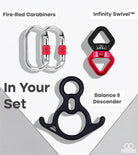 Orbsoul Essential aerial rigging set. In your set: 2 fire red carabiners, Infinity swivel and balance 8 descender