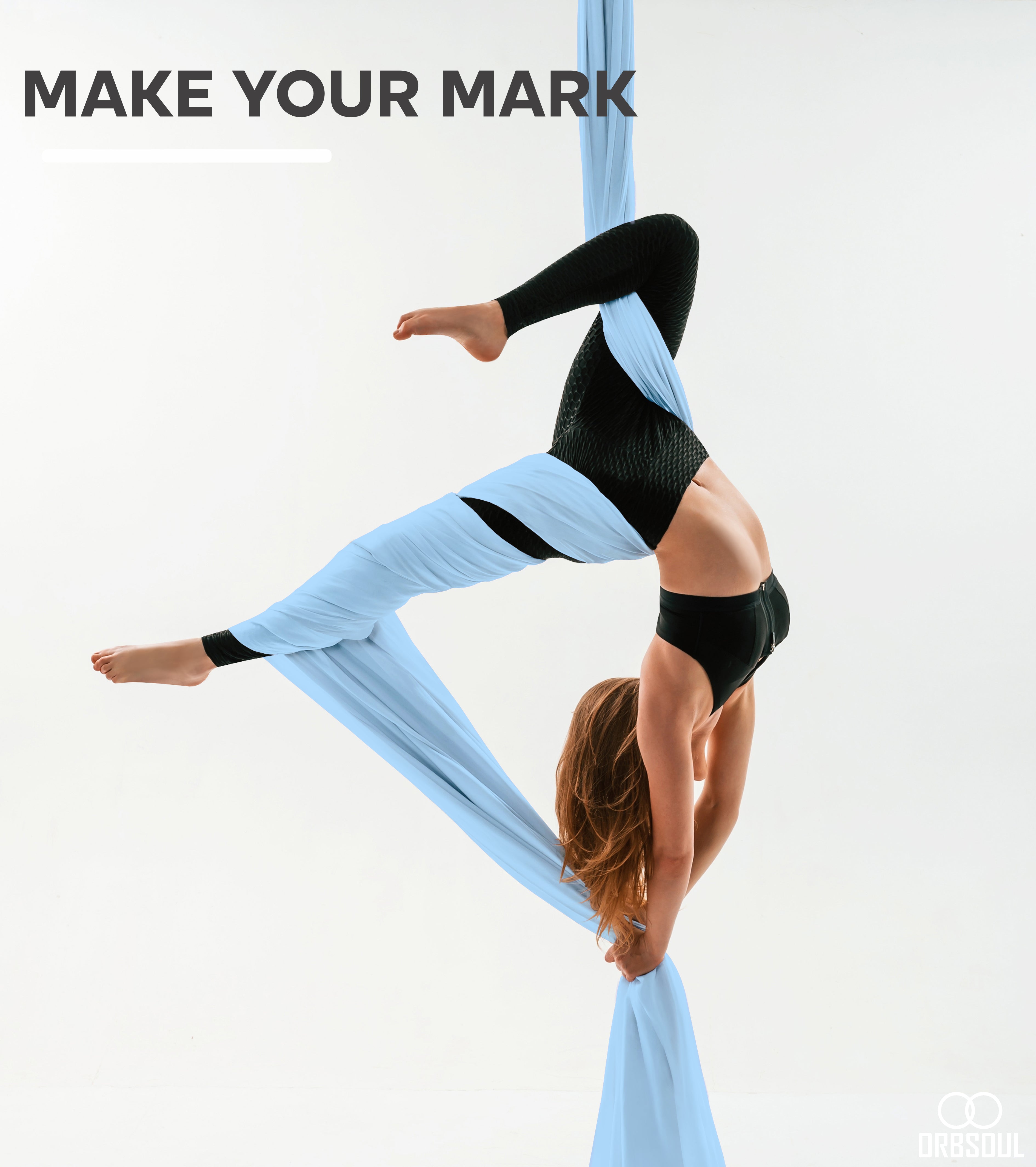 aerial artist performing on aerial silks with text saying make your mark