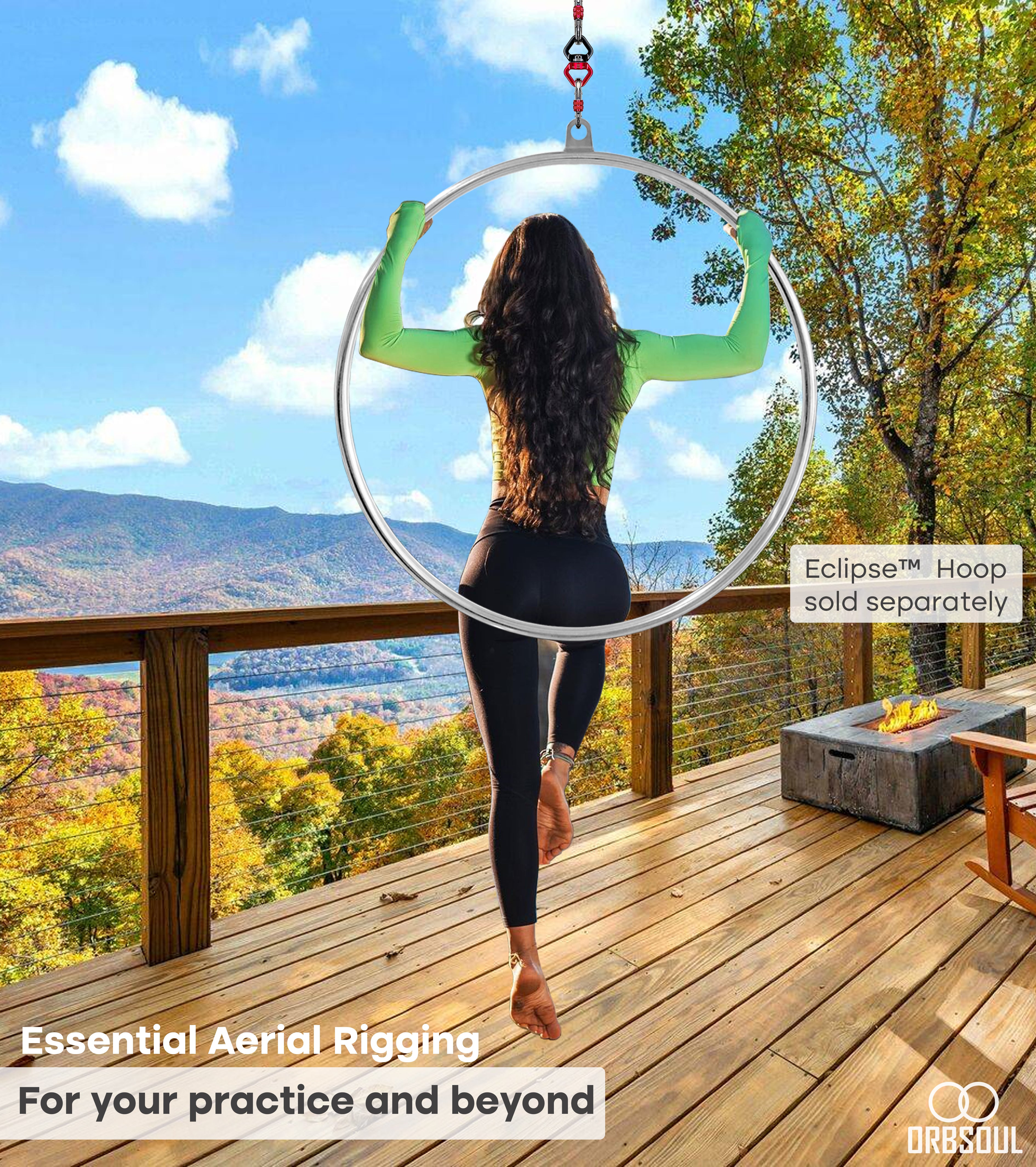 Orbsoul Essential aerial rigging set.  For you practice and beyond. Girl sitting on hoop rigged using essential rigging hardware.