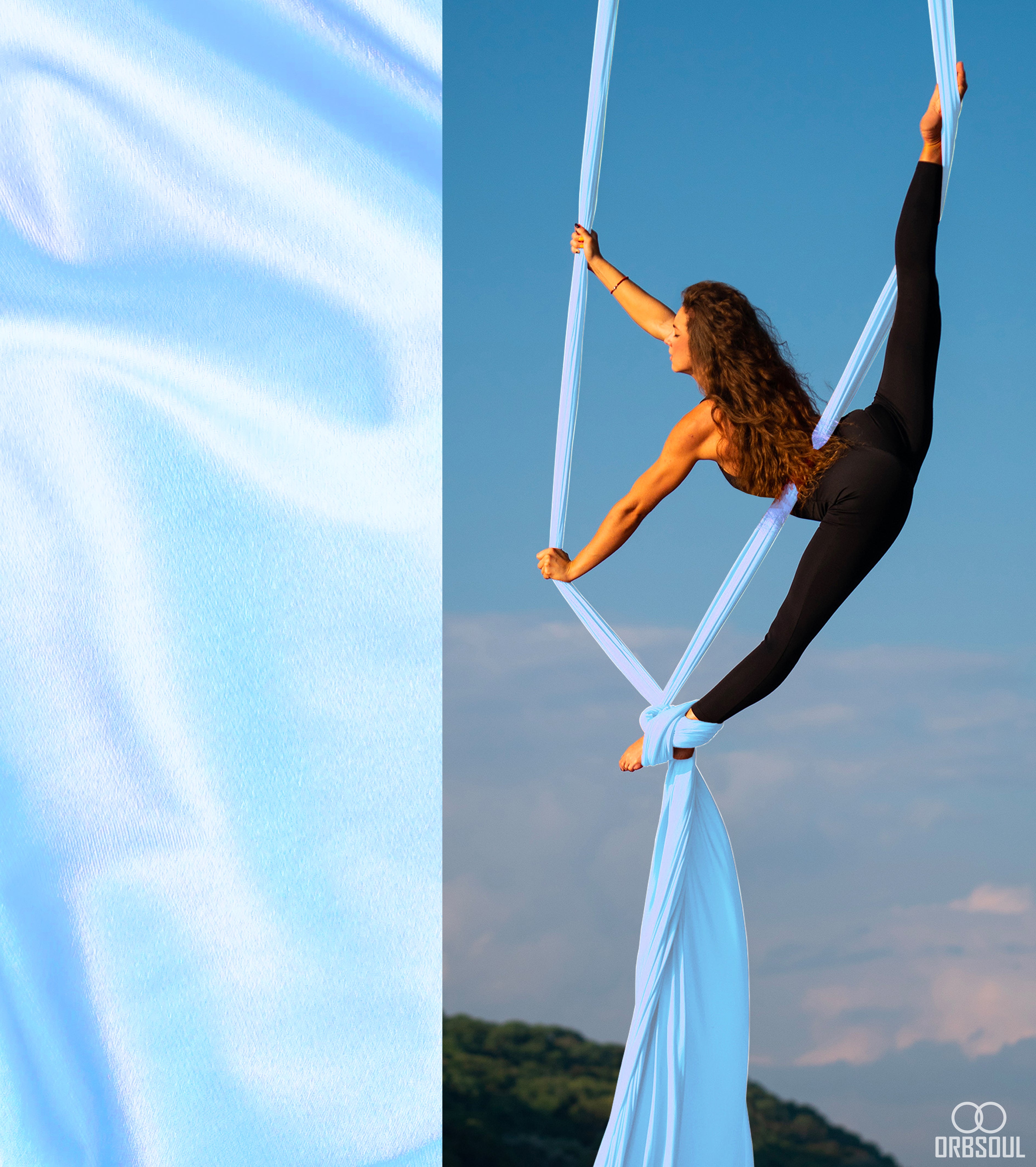 Orbsoul Aerial silks fabric. Woman on luxurious feeling aerial silks