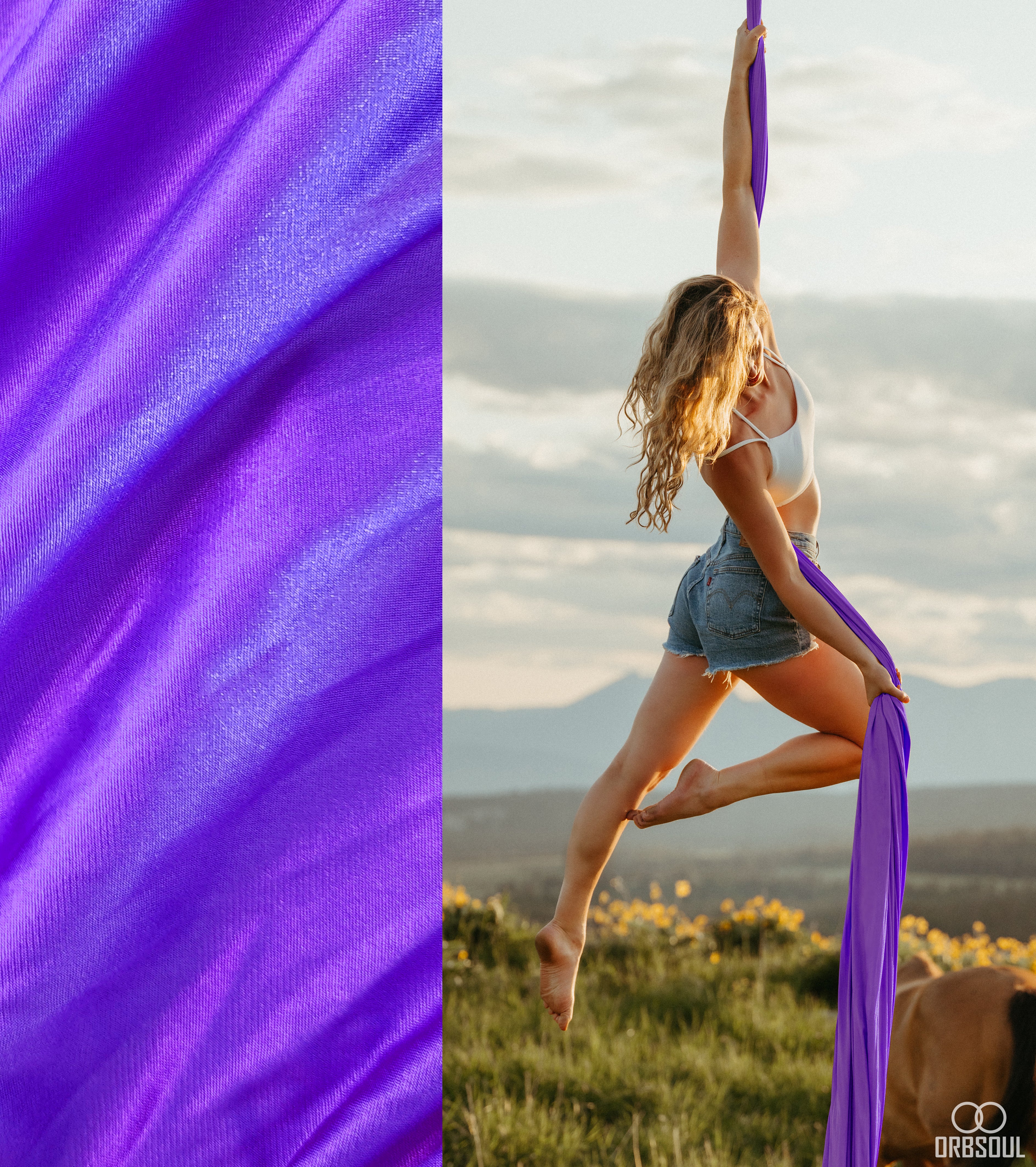 Orbsoul Aerial silks fabric. Woman on luxurious feeling aerial silks