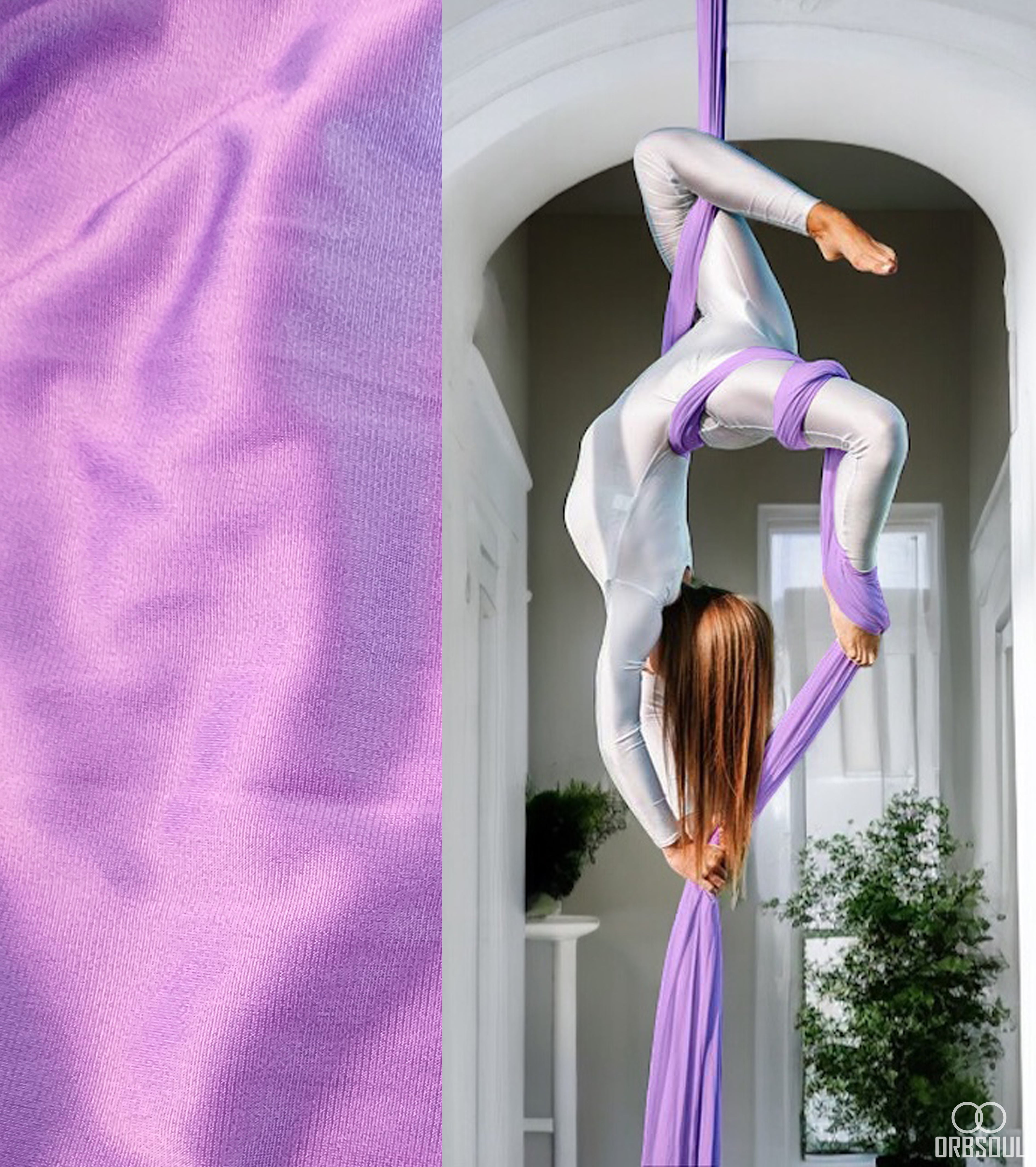 Orbsoul Aerial silks fabric. Woman on luxurious feeling aerial silks