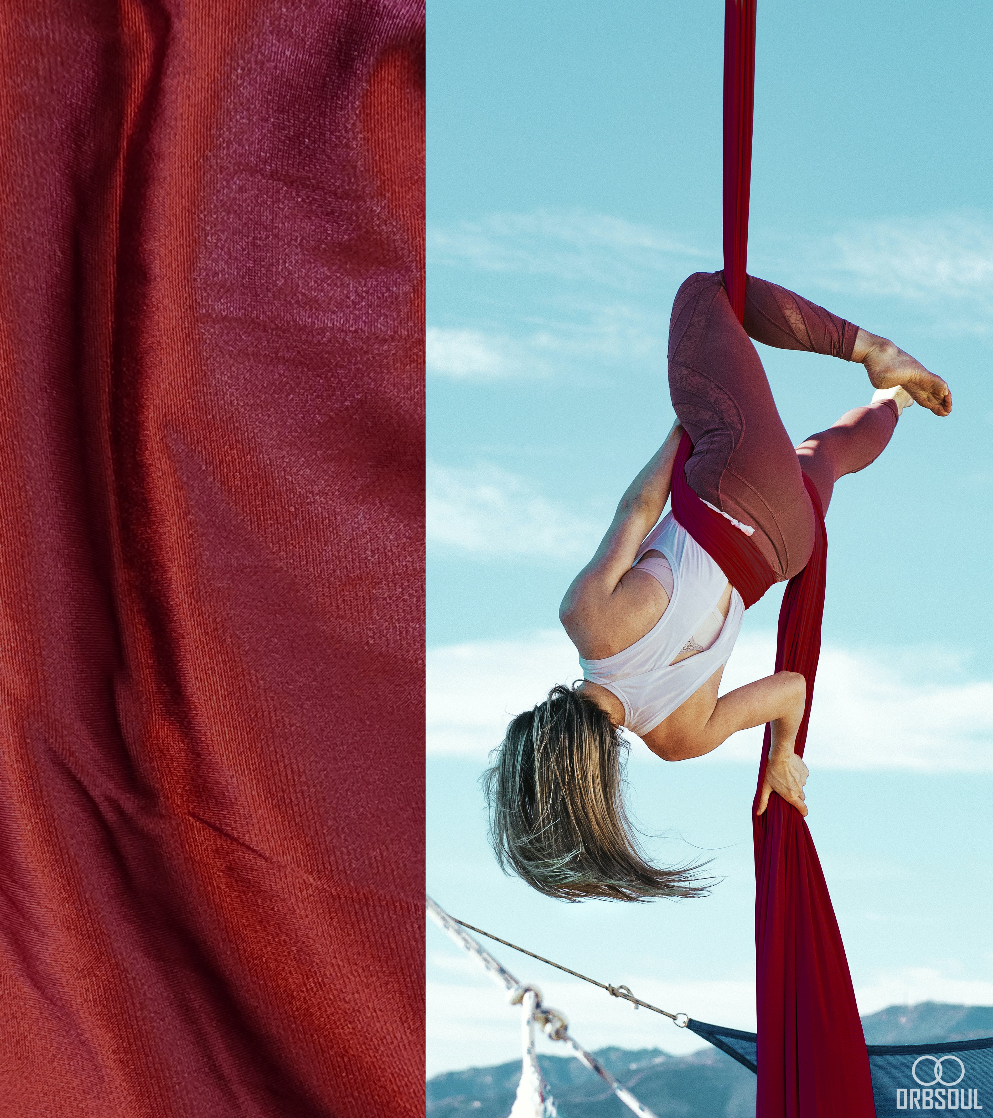 Orbsoul Aerial silks fabric. Woman on luxurious feeling aerial silks