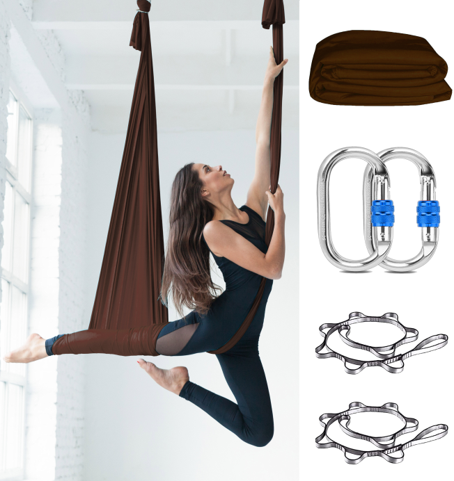 Orbsoul Harmony Aerial Yoga set. Complete set with rigging hardware. Woman flying on aerial yoga hammock