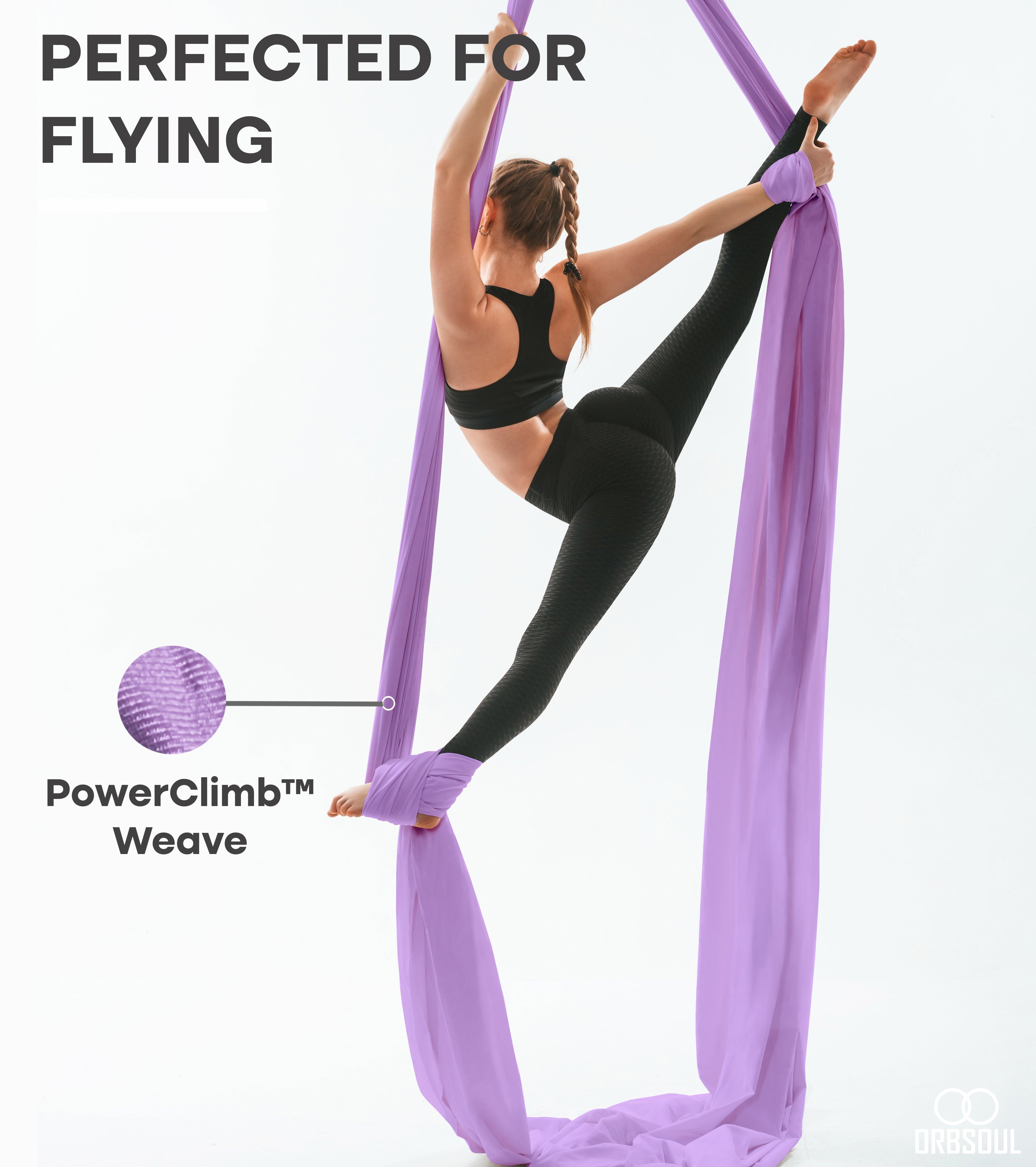 woman performing aerial art using aerial silks lush lavender