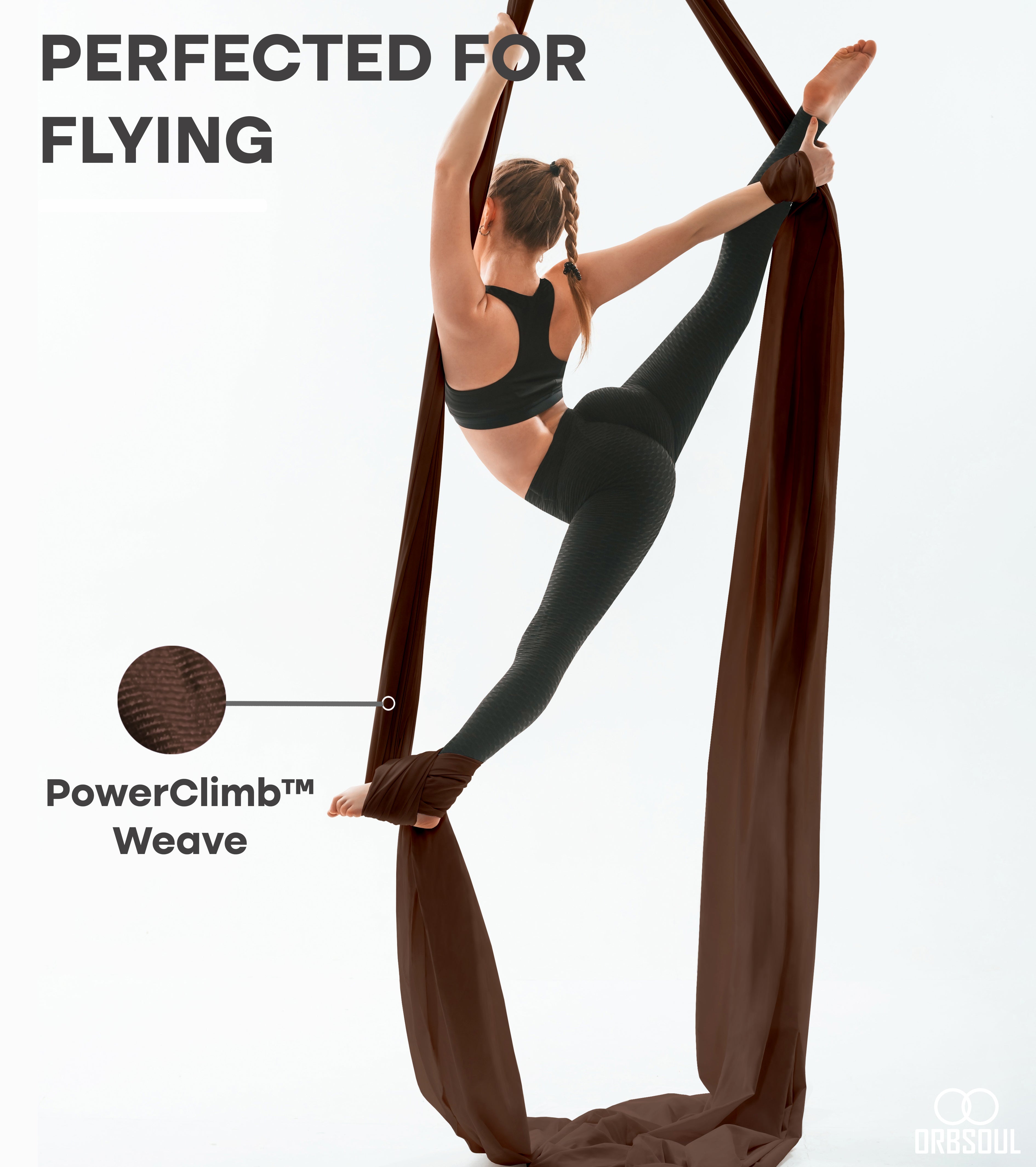 woman performing aerial art using aerial silks mocha brown
