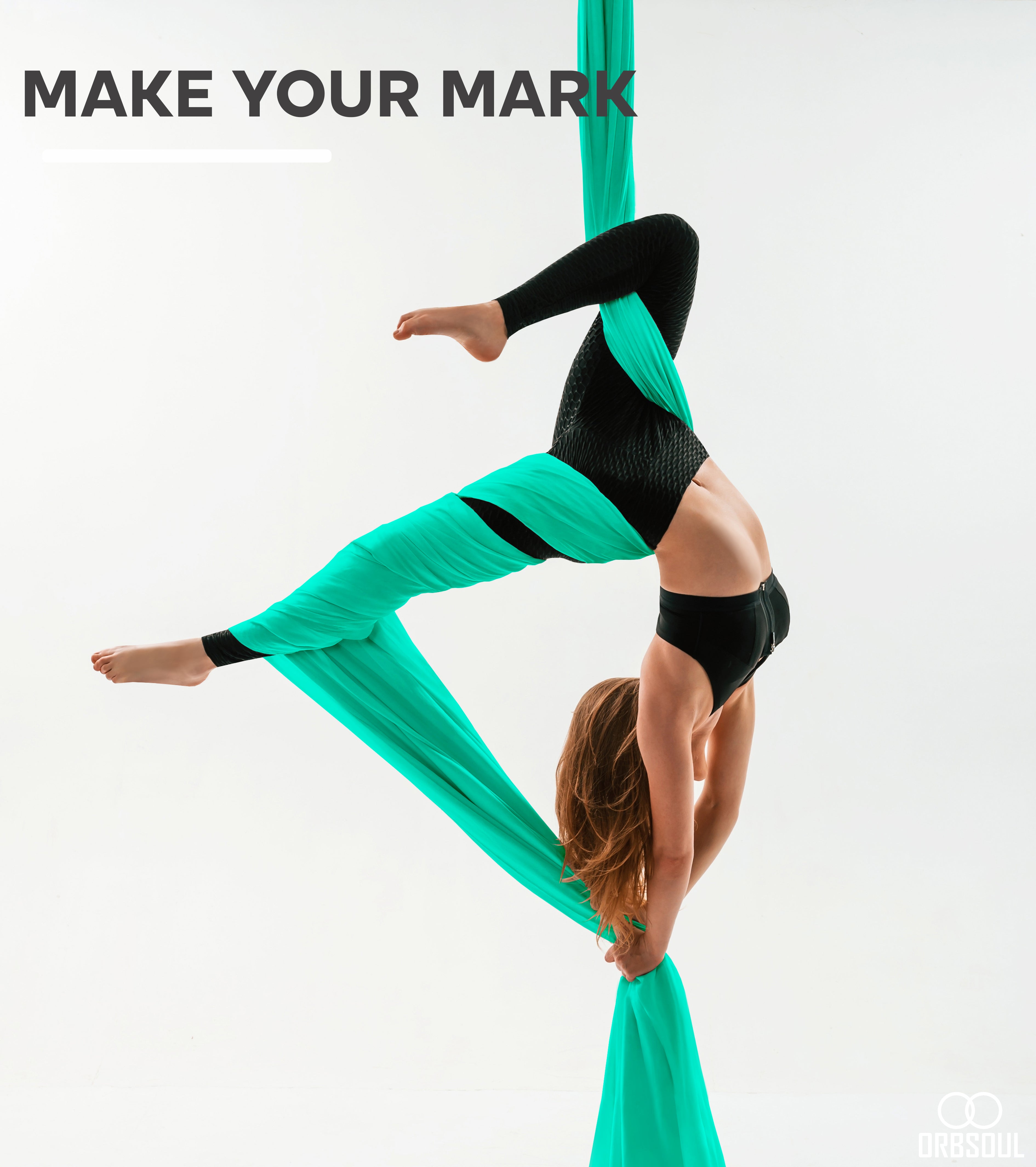 aerial artist performing on aerial silks with text saying make your mark